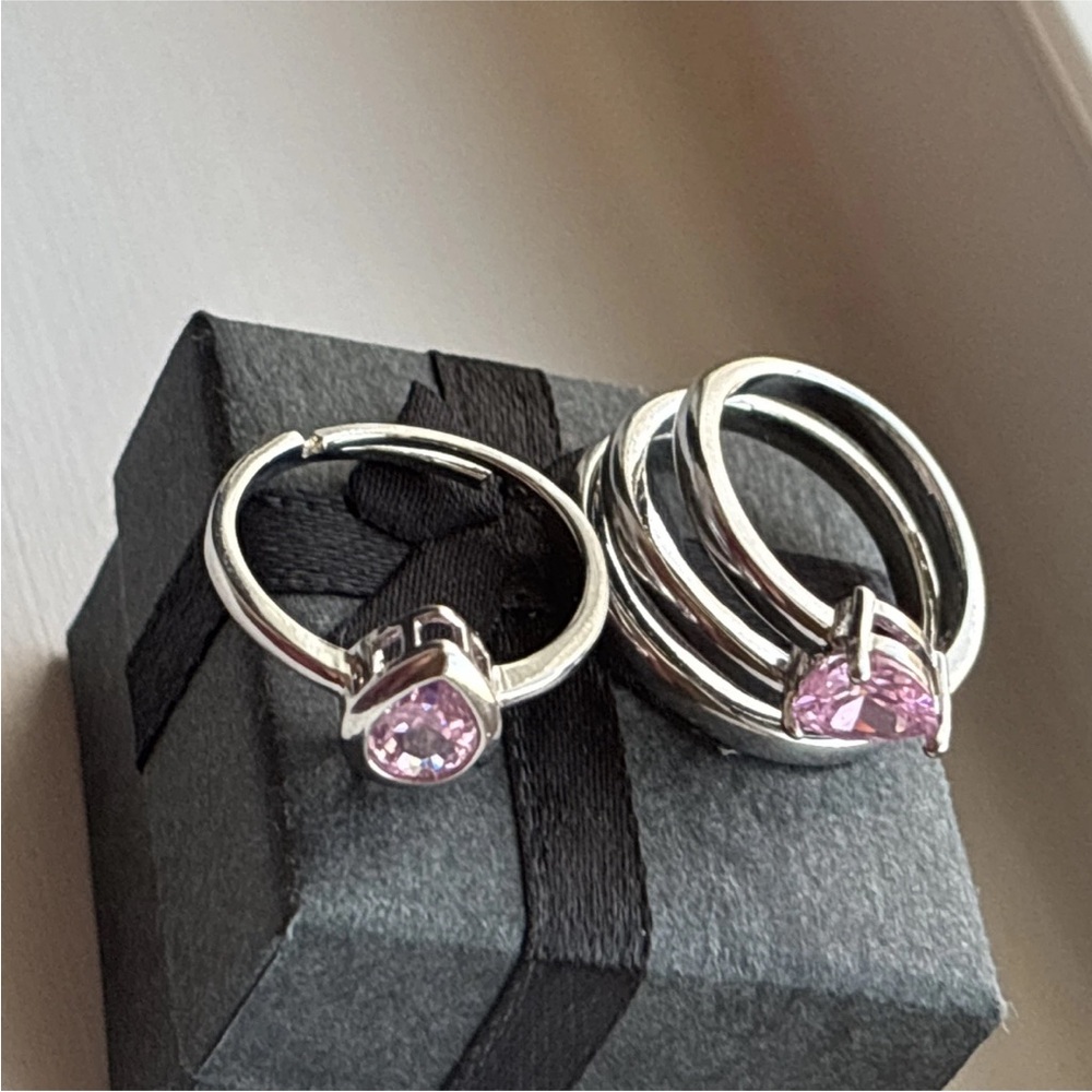 2 Piece White Gold Plated Pink Heart CZ Ring Set | Romantic Boho | Adjustable - Picture 2 of 14